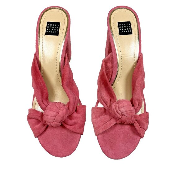 WHBM Callie Open Toe Sandals 8.5 Pink Faux Suede Knot Block Heel 8 1/2 - Picture 7 of 7